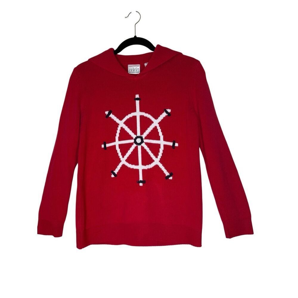 Liz Claiborne Villager Sport Sweater Vintage Red Sailor Collar Nautical Size MP
